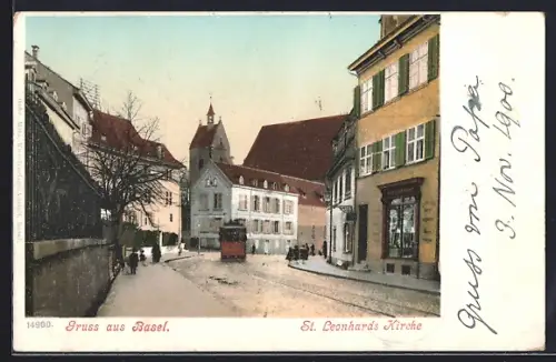 AK Basel, St. Leonhards Kirche mit Strassenbahn