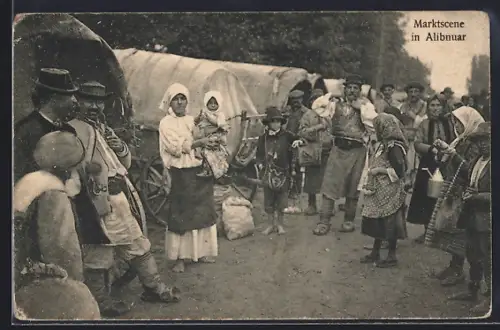 AK Alibnuar, Marktszene, Händler-Versammlung vor Planwagen