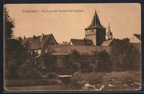 AK Creglingen, Partie an der Tauber mit Faulturm