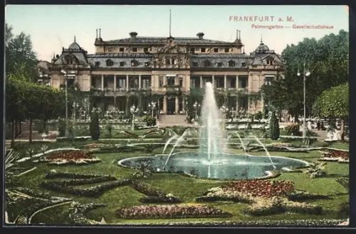 AK Frankfurt-Westend, Palmengarten mit Gesellschaftshaus und Springbrunnen
