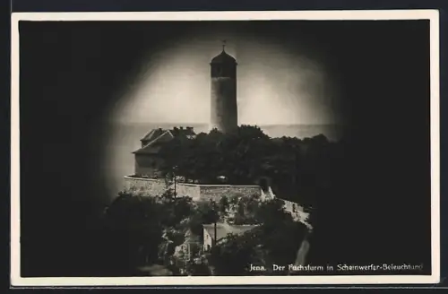 AK Jena, Gasthaus Fuchsturm mit Scheinwerfer-Beleuchtung, Inh. Carl Roltsch