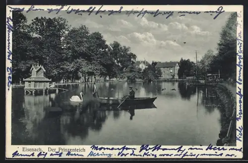 AK Eisenach, Schwan und Boot auf dem Prinzenteich