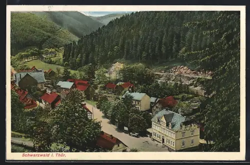 AK Schwarzwald i. Thür., Gasthof Deutsches Haus mit Ortsansicht