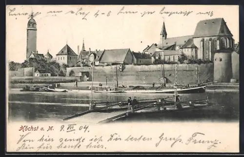 AK Höchst a. M., Stadtmauer, Kirche, Mainufer