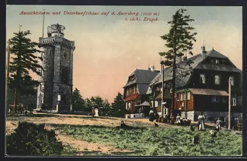 AK Auersberg /sächsisches Erzgebirge, Aussichtsturm und Unterkunftshaus