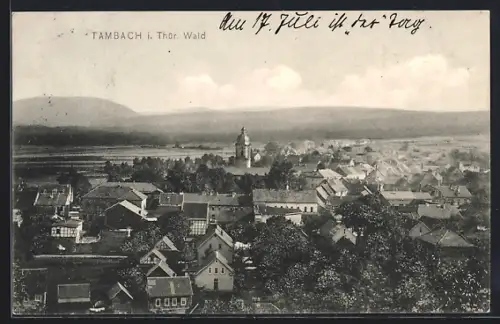 AK Tambach i. Thür. Wald, Ortsansicht mit Kirche und umliegender Landschaft