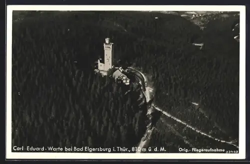 AK Bad Elgersburg i. Thür., Gasthaus Carl-Eduard-Warte vom Flugzeug aus, Inh. W. Sänn