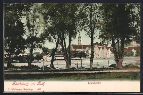 AK Landsberg am Lech, Lechpartie mit Blick auf die Kirche