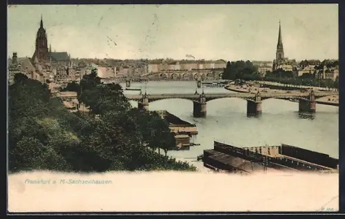 AK Frankfurt a. M.-Sachsenhausen, Mainbrücke mit Stadtpanorama