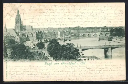 AK Frankfurt a. M., Mainbrücke mit Blick auf den Ort