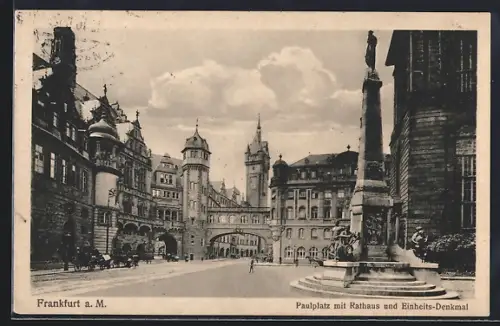 AK Alt-Frankfurt, Paulplatz mit Rathaus und Einheits-Denkmal