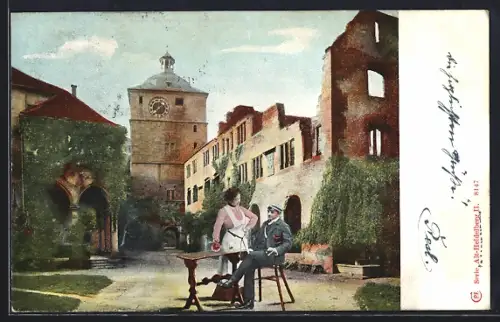 AK Heidelberg / Neckar, Student und Kellnerin an einem Tisch
