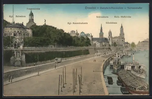AK Dresden, Dampfschiffanlegeplatz, Frauenkirche, Kgl. Kunstakademie