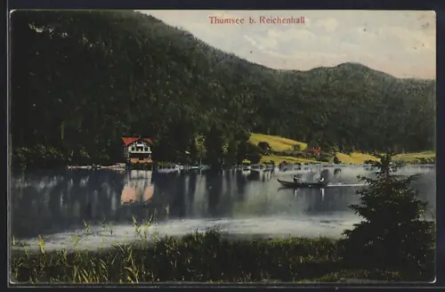 AK Thumsee b. Reichenhall, Seeufer, Boot und Berge