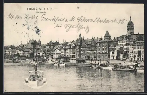 AK Frankfurt a. M., Mainpartie mit Schiffsverkehr