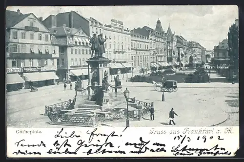 AK Frankfurt a. M., Goetheplatz, Denkmal, Geschäftsgebäude