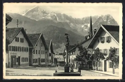 AK Partenkirchen, Floriansplatz, Gasthaus, Brunnen, Kirche