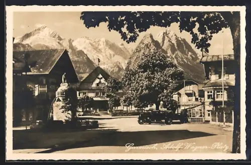 AK Garmisch, Adolf-Wagner-Platz, Alpenpanorama
