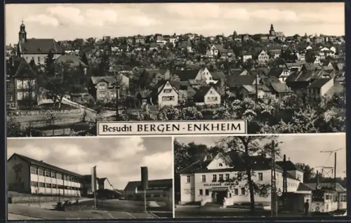 AK Frankfurt-Bergen-Enkheim, Ortsansicht, Schule, Gasthaus, Strassenbahn