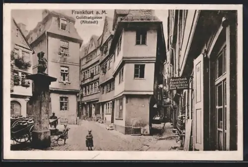 AK Alt-Frankfurt, Goldhutgasse mit Gasthaus G. Herrlein u. Säulendenkmal, Strassenpartie