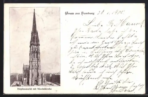 AK Hamburg, Hopfenmarkt mit Nicolaikirche