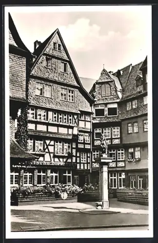 AK Alt-Frankfurt, Roseneck mit Gasthaus Deutsche Bierstube und Denkmal