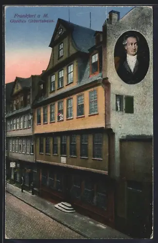 AK Frankfurt a. M., Goethes Geburtshaus mit Porträt