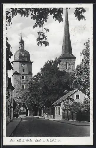 AK Arnstadt i. Thür. Wald, Partie mit Ried u. Jakobsturm