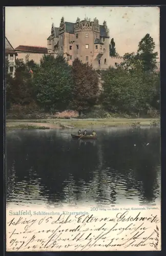 AK Saalfeld / Saale, Schlösschen Kitzernstein mit Saale und Ruderboot