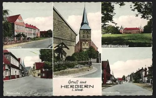 AK Herbern i. Westf., Kirchenansicht, Volksschule, Schloss Westerwinkel, Südstrasse, Merschstrasse