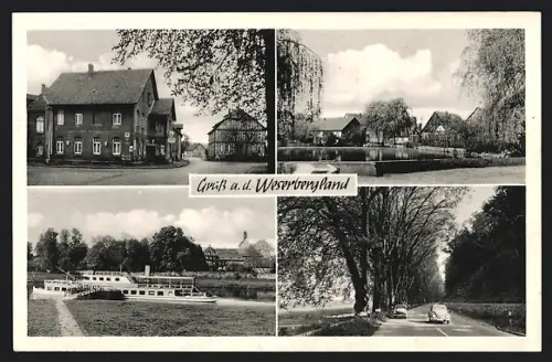 AK Grohnde / Weser, Gasthaus Weisses Ross, Strassenpartien, Flusspartie mit Boot