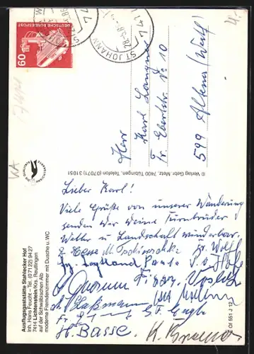 AK Lichtenstein / Echaztal, Gaststätte Stahlecker Hof, Inh. H. Feucht, Totalansicht und Speisesaal
