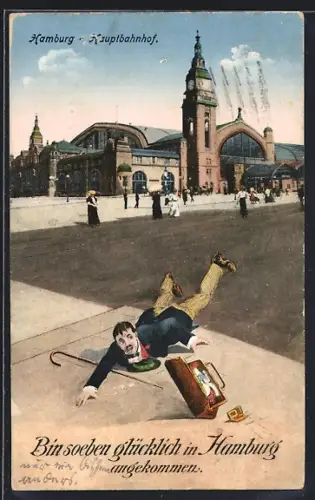 AK Hamburg-St.Georg, Hauptbahnhof, Mann ist auf der Strasse ausgerutscht