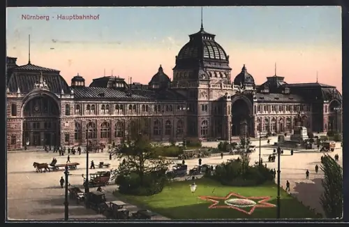 AK Nürnberg, Hauptbahnhof mit Reiterstandbild, Pferdegespann