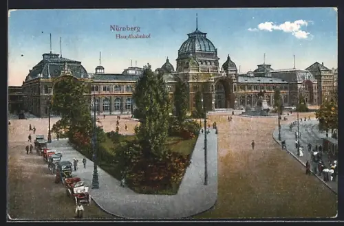 AK Nürnberg, Hauptbahnhof mit Automobilen und Strassenbahn