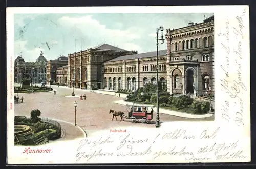 AK Hannover, Bahnhof mit Denkmal und Pferdewagen