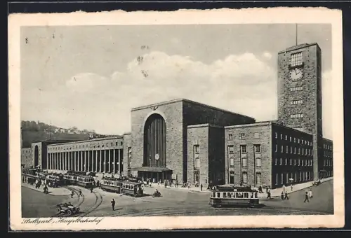 AK Stuttgart, Strassenpartie am Hauptbahnhof, Strassenbahn