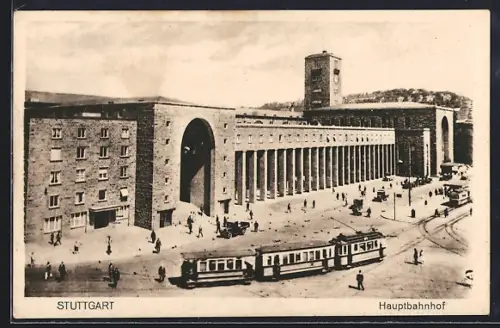 AK Stuttgart, Ansicht vom Hauptbahnhof mit Strassenbahn