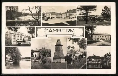 AK Zamberk, Turmgebäude, Seepartie, Ortsansicht, Badeanstalt