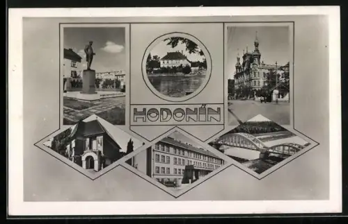 AK Göding / Hodonin, Gebäudeansicht, Brücke, Denkmal