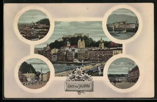 AK Salzburg, Theater & Hotel Bristol, Pferdeschwemme, Ortspartie, Ortsansicht