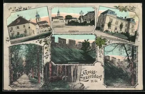AK Gross-Enzersdorf, Hauptplatz, Kirche, Stadt Promenade