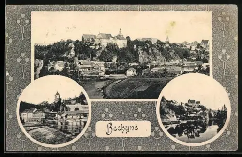 AK Bechyne, Teilansichten am Fluss, Blick zum Schloss