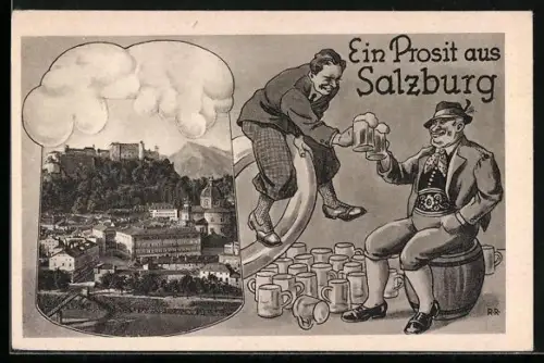 AK Salzburg, Veste mit Ortsansicht, Biertrinker prosten sich zu