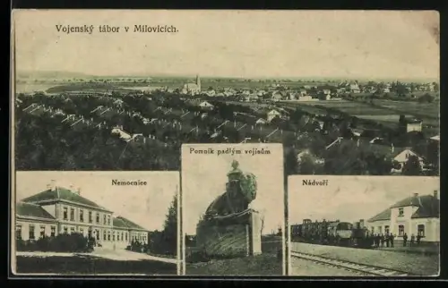 AK Milowitz / Milovice, Nemocnice, Pomnik padlym vojinum, Nádvori