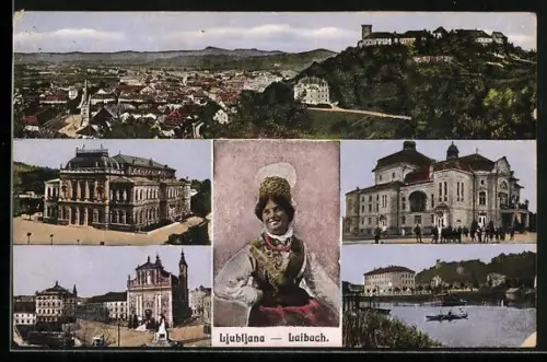 AK Ljubljana-Laibach, vier verschiedene Ortspartien, Gesamtansicht und Frau in Trachten