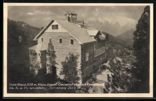 AK Hohe Wand, Gasthaus Zur Kleinen Kanzel, Hohe Wand und Kleine Kanzel im Hintergrund