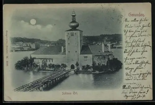 Mondschein-AK Gmunden, Blick auf Schloss Ort