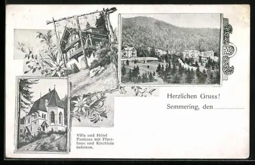 AK Semmering, Villa und Hotel Panhans mit Pfarrhaus