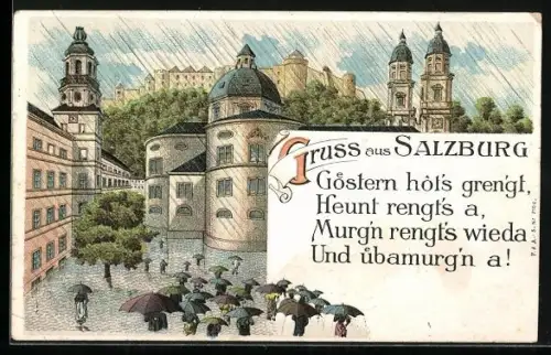 Künstler-AK Salzburg, Ortspartie mit Passanten im Regen